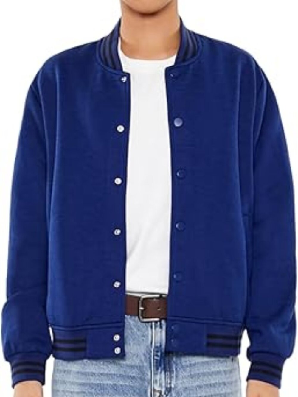 Forever 21 Dark Navy Varsity Striped Fleece Bomber Casual Jacket SZ M